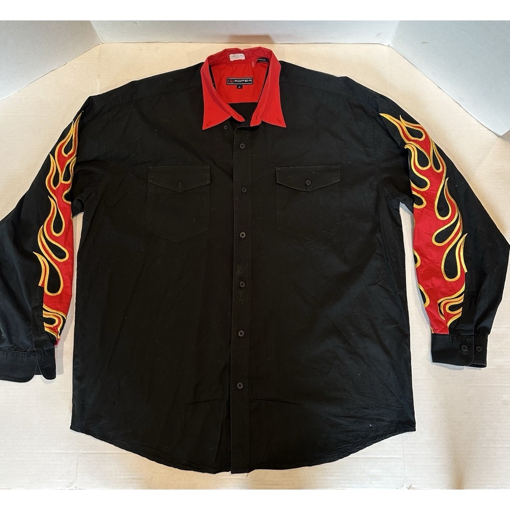 Roper Western Shirt Button Down Long Sleeve Black Flames 100% Cotton Men's XL